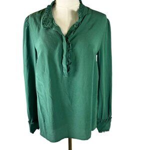 Boden Silk Blouse US 8 UK 12 Green Ruffle Trim Long Sleeve Career Casual